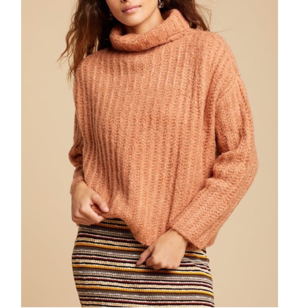 Free People Fluffy Fox Papaya Turtleneck Cowl-Neck Boxy Chunky Oversized Sweater